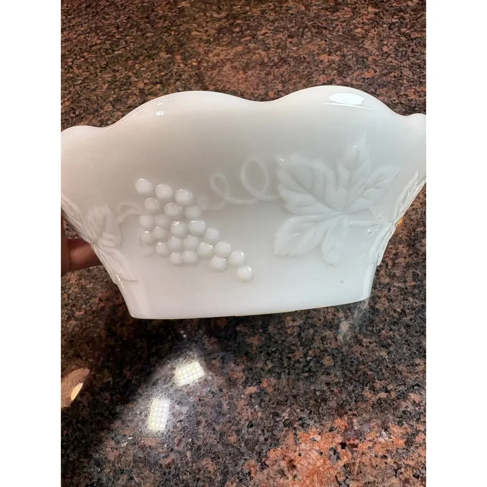 Vintage Milk Glass Bowl with Grape and Leaf Design 8.5" round - Picture 3 of 14